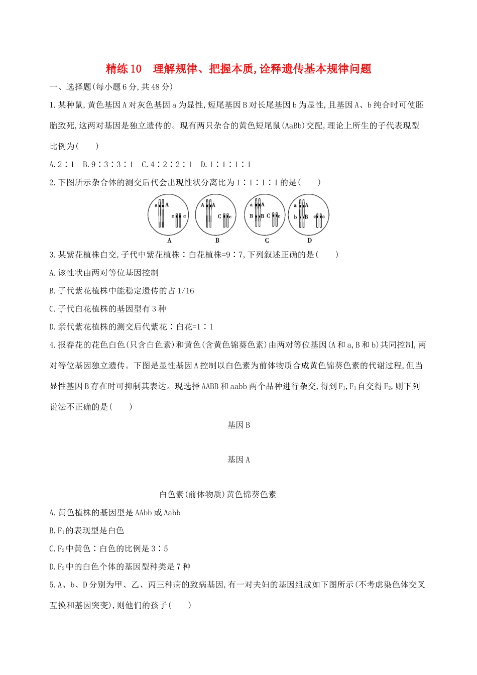 高考生物一轮复习 精练10 理解规律、把握本质诠释遗传基本规律问题-人教版高三生物试题_第1页