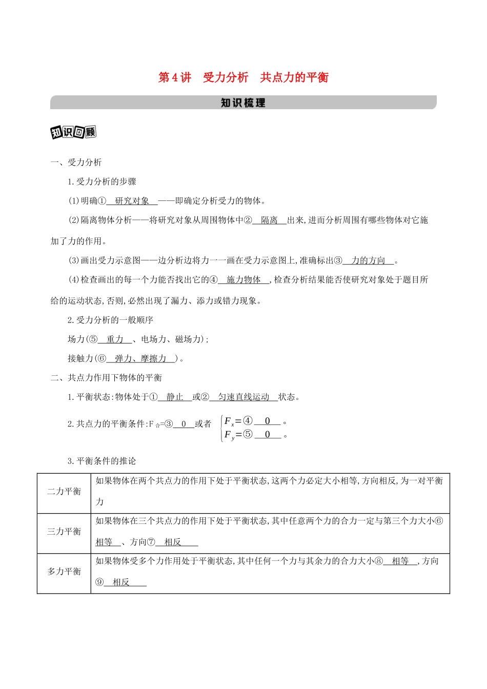 高考物理一轮复习 第二章 相互作用 第4讲 受力分析 共点力的平衡教材研读练习（含解析）-北京版高三物理试题_第1页