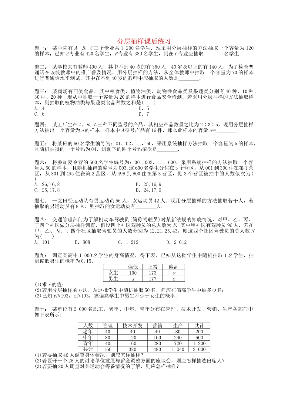 高中数学 分层抽样课后练习 新人教A版必修3_第1页