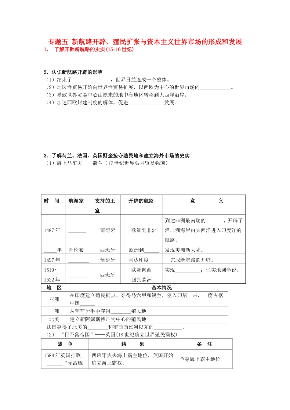 高考历史《经济史》专题五 新航路开辟、殖民扩张与资本主义世界市场的形成和发展考点专题提练_第1页