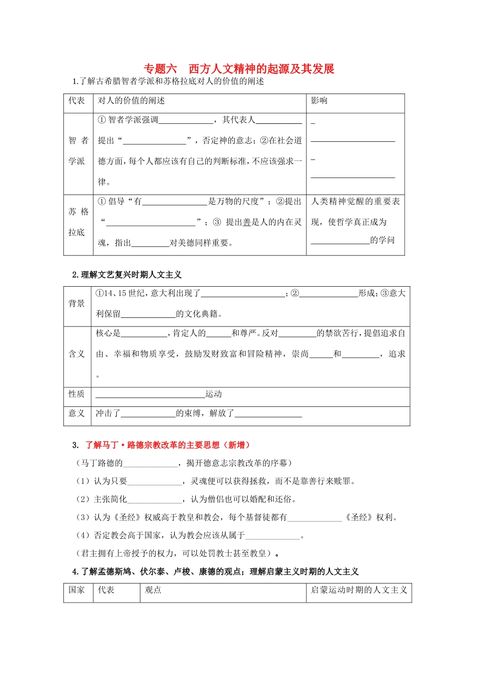 高考历史《文化史》专题六 西方人文精神的起源及其发展考点专题提练_第1页
