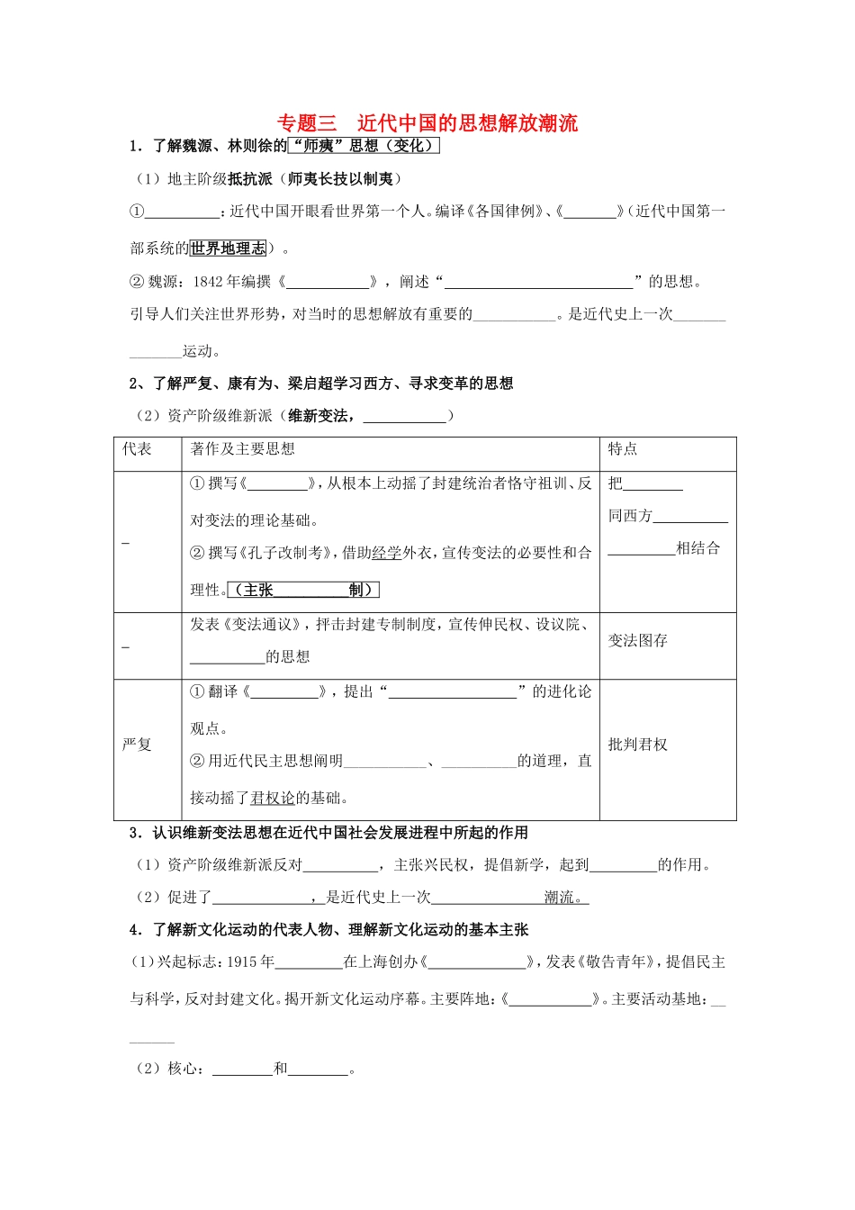 高考历史《文化史》专题三 近代中国的思想解放潮流考点专题提练_第1页