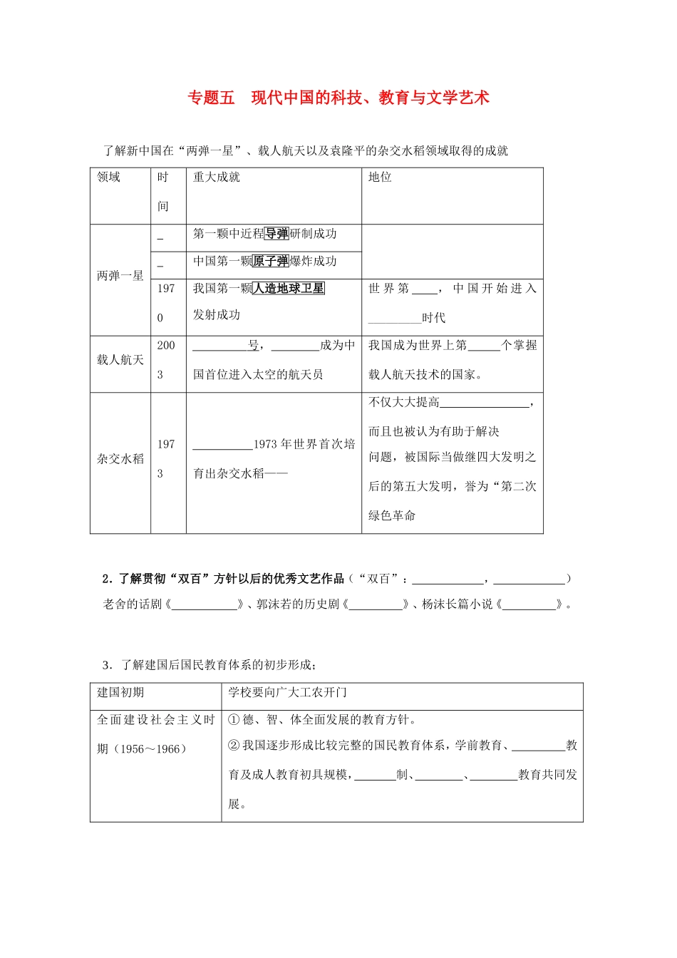 高考历史《文化史》专题五 现代中国的科技、教育与文学艺术考点专题提练_第1页