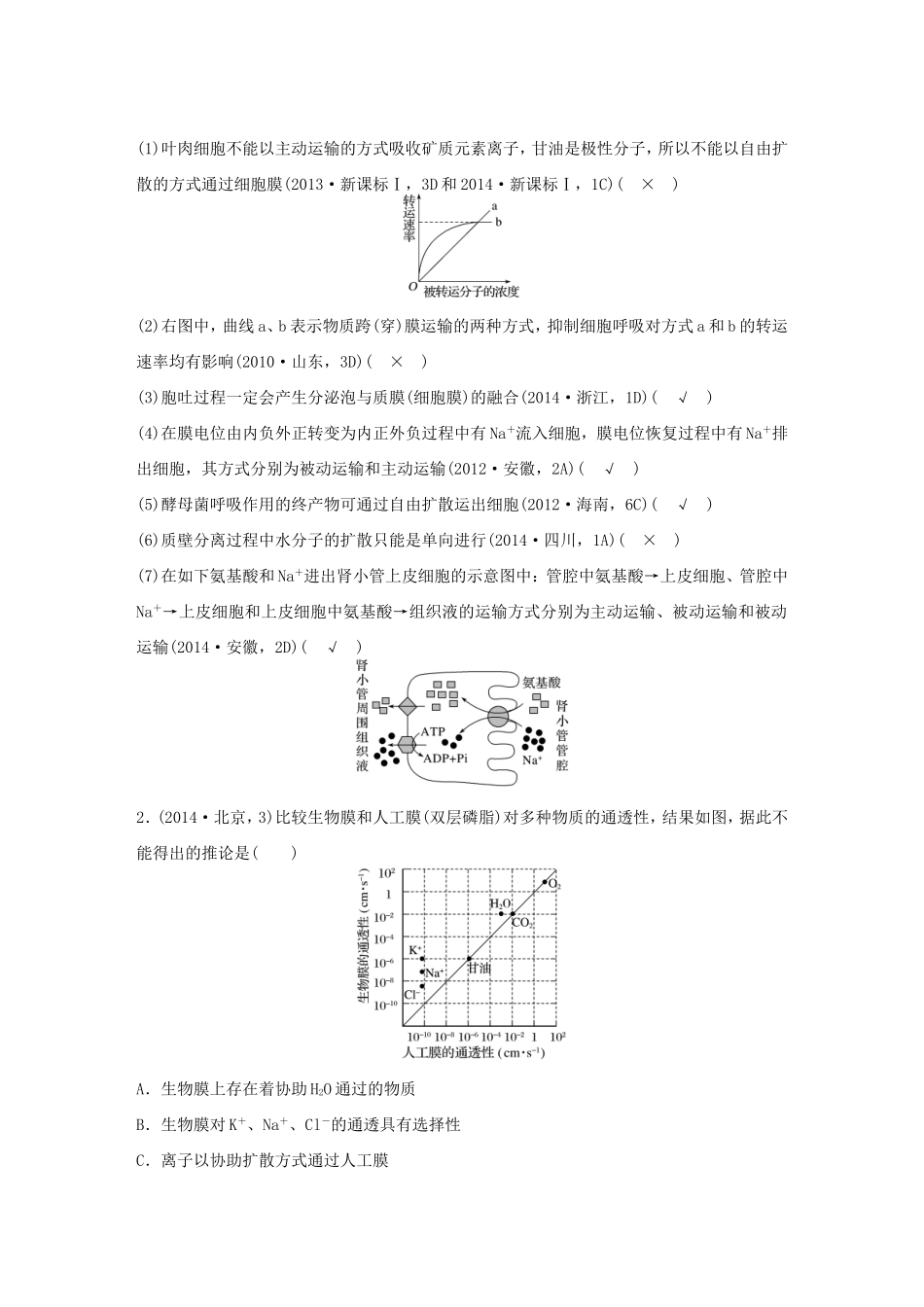 高考生物二轮复习专题1 细胞的分子组成和结构 考点4 辨析物质出入细胞的方式及相关图像-人教版高三生物试题_第3页