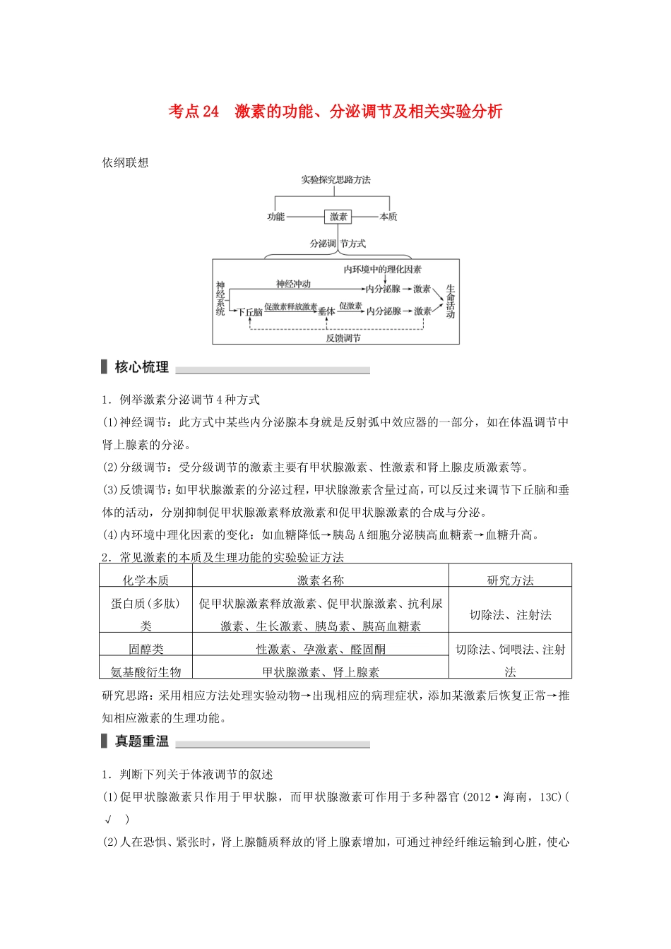 高考生物二轮复习专题7 人体的稳态及调节机制 考点24 激素的功能、分泌调节及相关实验分析-人教版高三生物试题_第1页