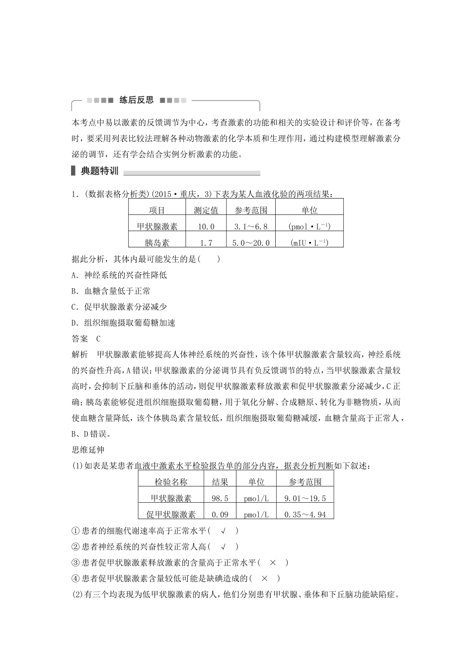 高考生物二轮复习专题7 人体的稳态及调节机制 考点24 激素的功能、分泌调节及相关实验分析-人教版高三生物试题_第3页