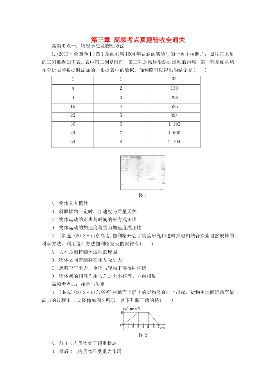 高考物理一轮复习 第三章 牛顿运动定律高频考点真题验收全通关-人教版高三物理试题_第1页