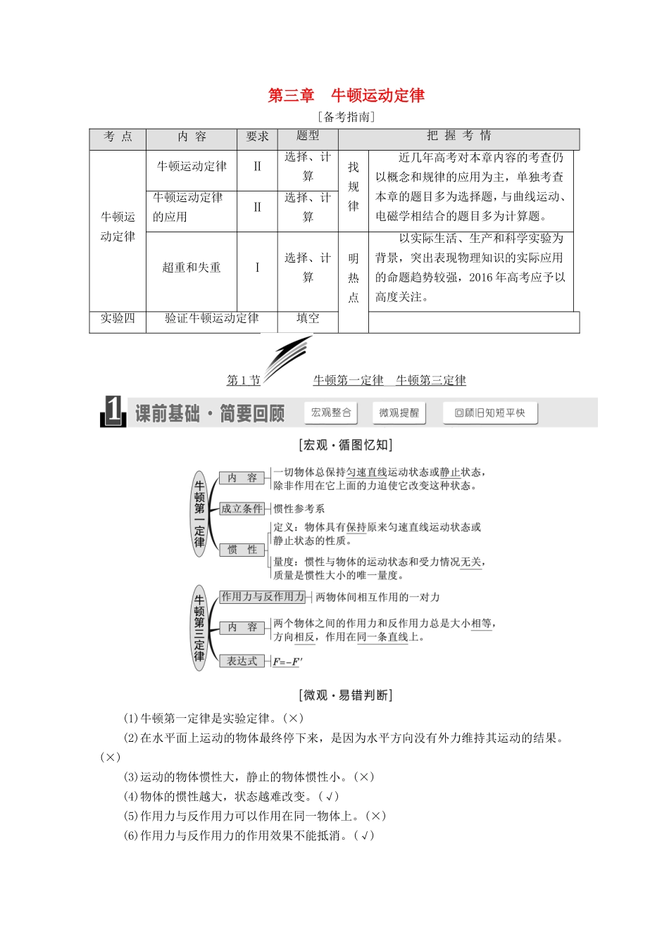 高考物理一轮复习 第三章 牛顿运动定律章节同步练习-人教版高三物理试题_第1页