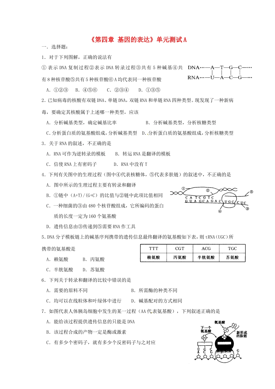高中生物《第四章 基因的表达》单元测试A 新人教版必修2_第1页