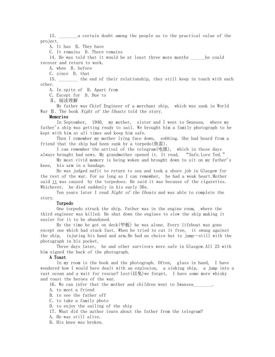 届高考英语一轮复习 课时作业(三十六) Module 6　War and Peace 新人教版选修6_第2页