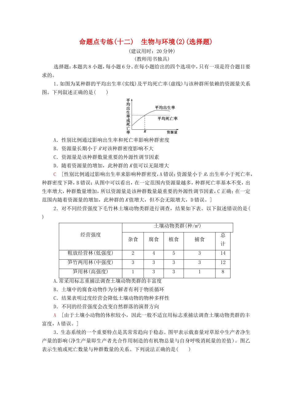 高考生物二轮复习 命题点专练12 生物与环境（2）（选择题）（含解析）-人教版高三生物试题_第1页