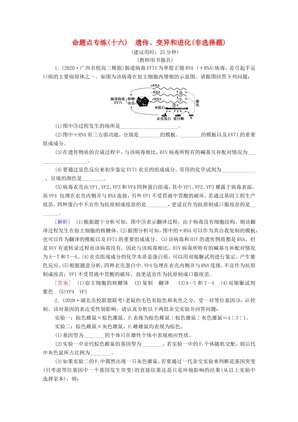 高考生物二轮复习 命题点专练16 遗传、变异和进化（非选择题）（含解析）-人教版高三生物试题_第1页