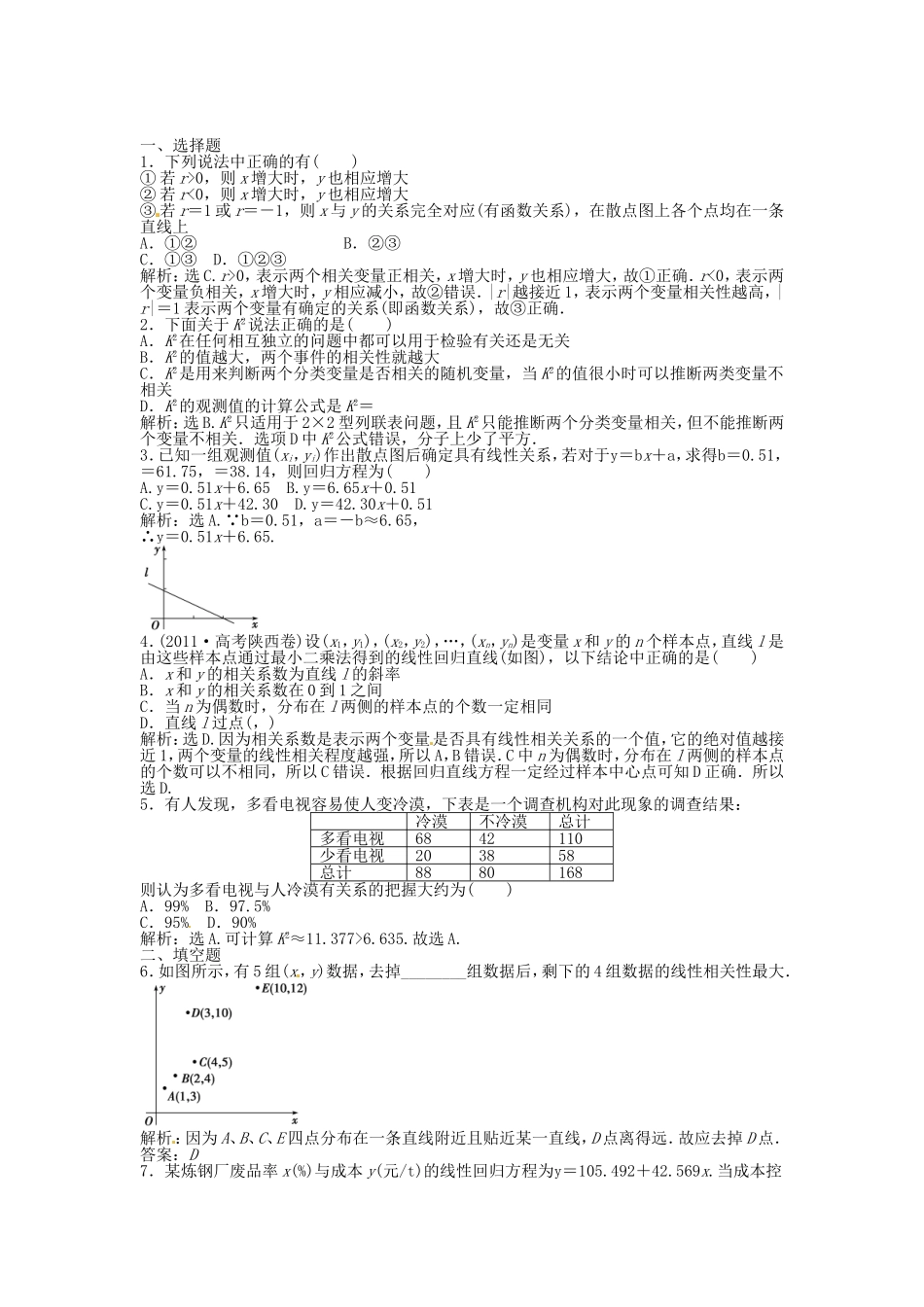 高考数学总复习 第十章第3课时 变量间的相关关系、统计案例 课时闯关（含解析）_第1页
