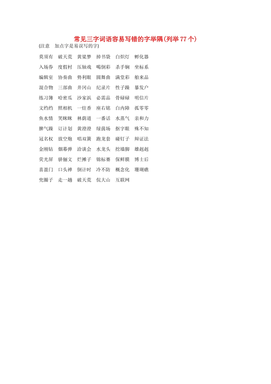 高考语文大一轮复习 常见三字词语容易写错的字举隅(列举77个)-人教版高三语文试题_第1页