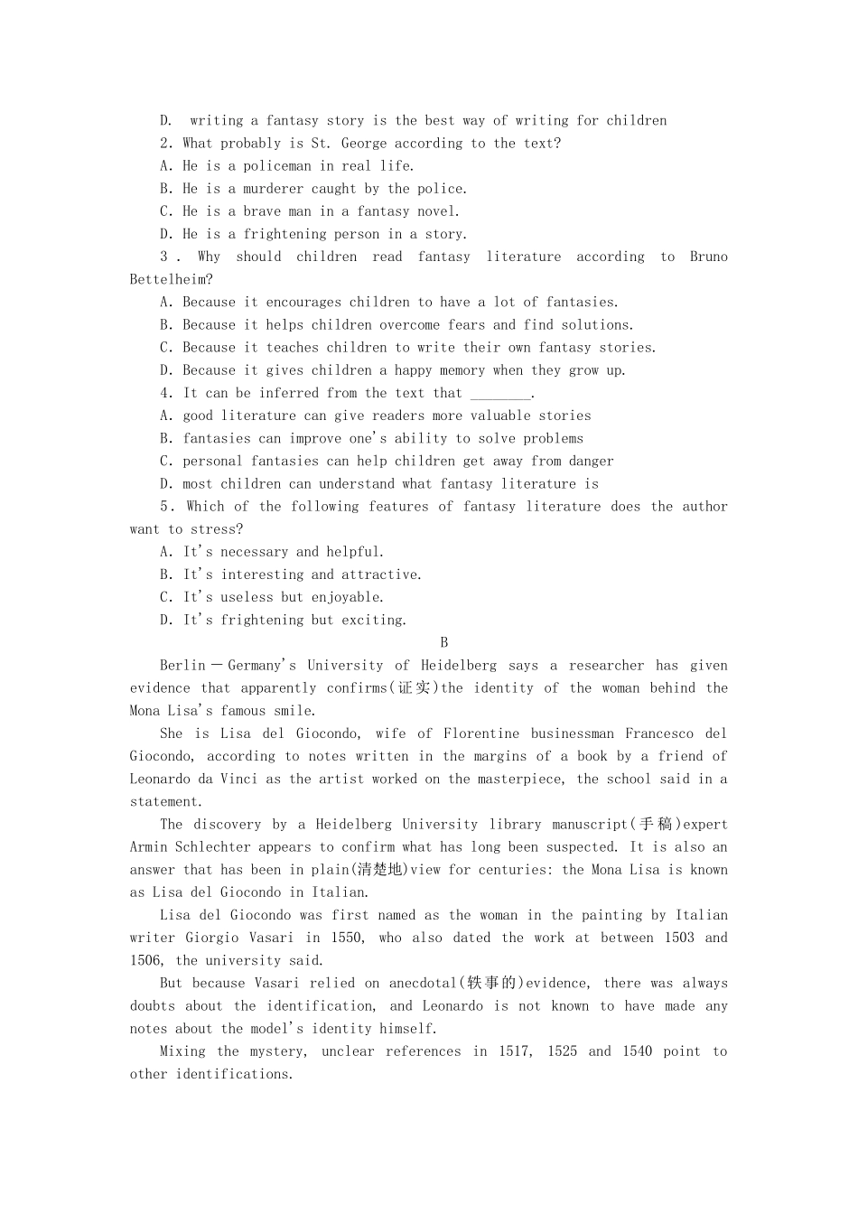 高中英语 Module 2 Fantasy Literature Reading Practice & Cultural Corner & Writing课时作业 外研版选修6_第3页