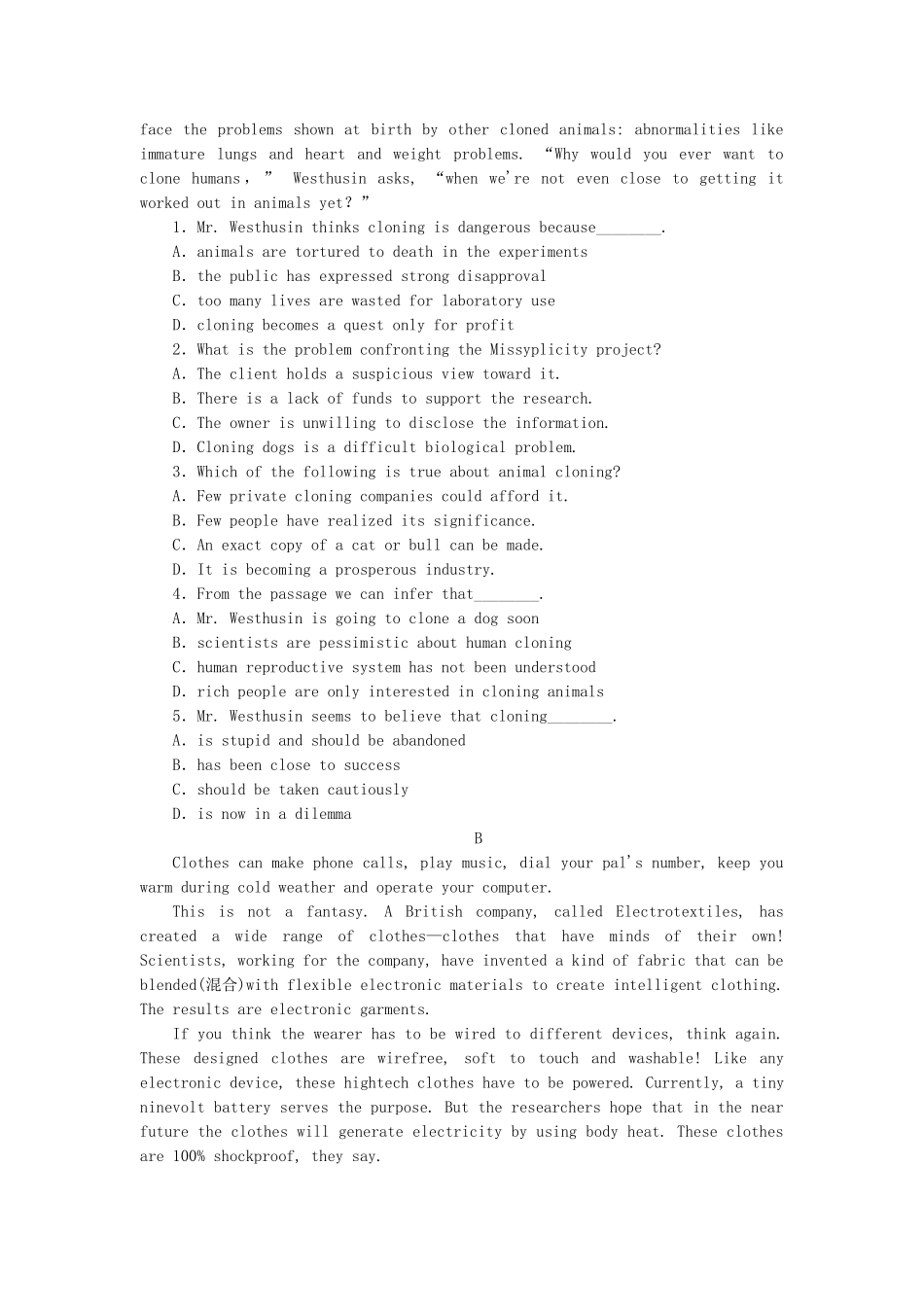 高中英语 Module 5 Cloning Reading Practice & Cultural Corner & Writing课时作业 外研版选修6_第3页