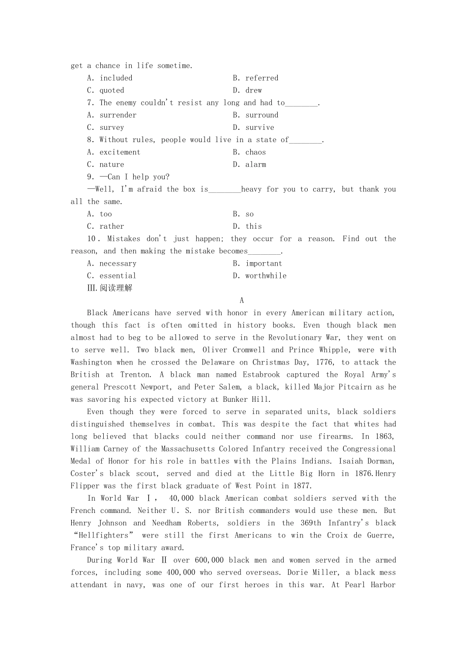 高中英语 Module 6 War and Peace Reading Practice &Cultural Corner & Writing课时作业 外研版选修6_第2页