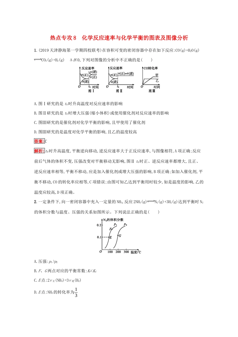 高考化学二轮复习 热点专攻8 化学反应速率与化学平衡的图表及图像分析训练（含解析）-人教版高三化学试题_第1页