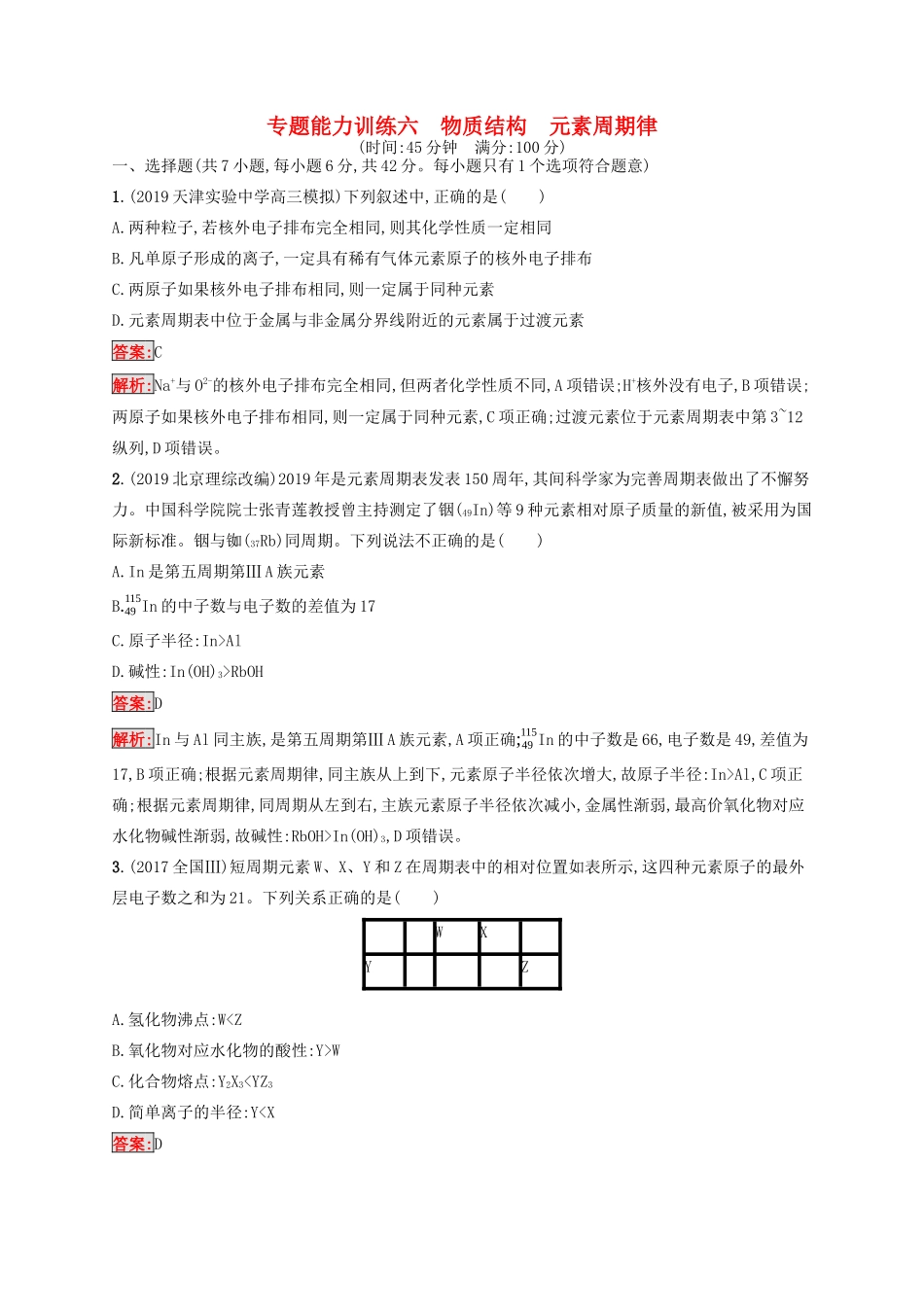 高考化学二轮复习 专题能力训练6 物质结构 元素周期律（含解析）-人教版高三化学试题_第1页