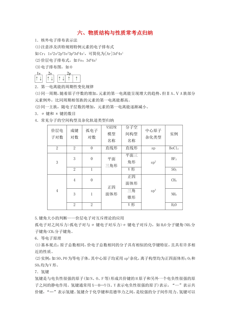 高考化学二轮复习 考前三个月 第二部分 专题1 物质结构与性质常考点归纳（六）练习-人教版高三化学试题_第1页