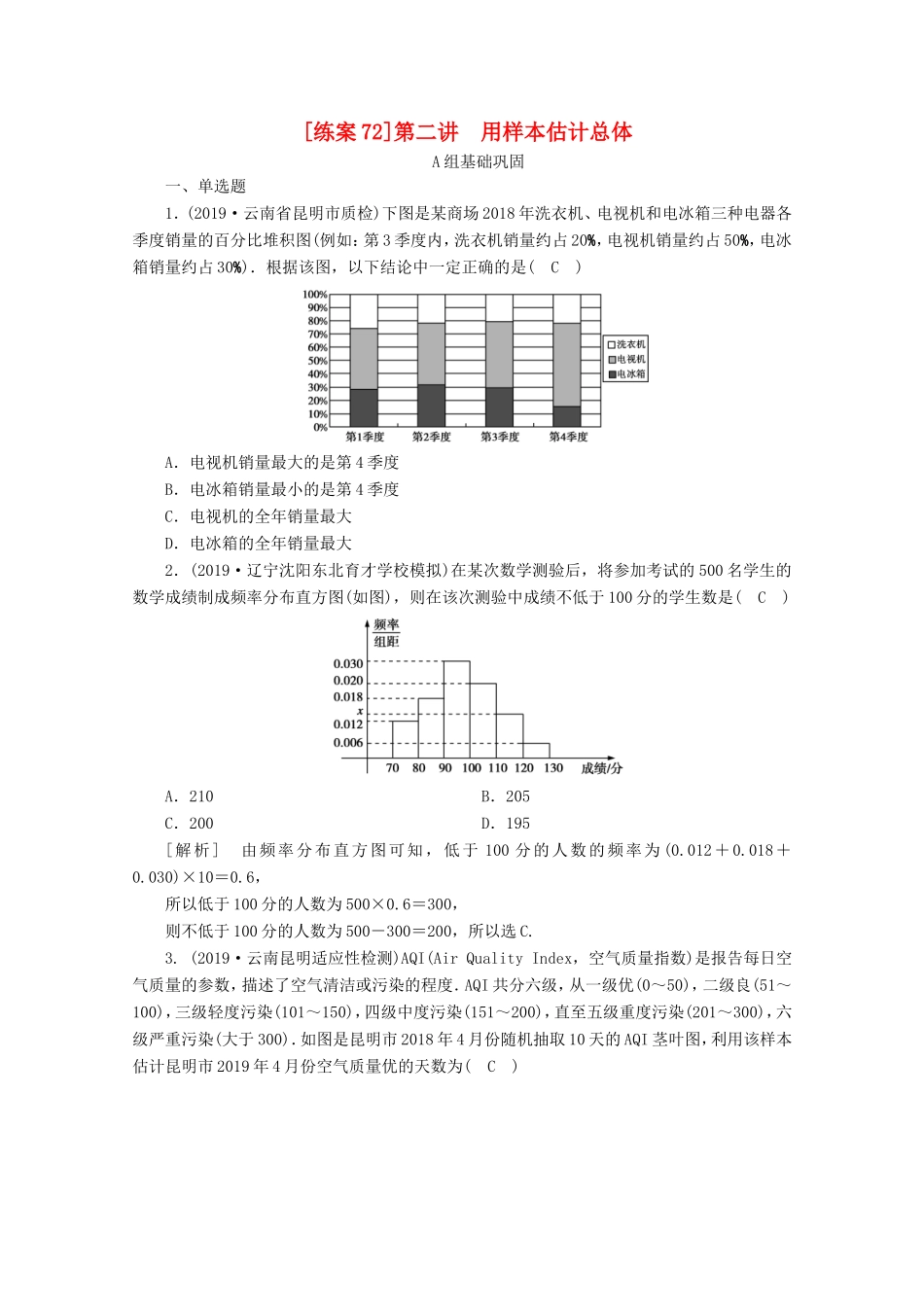 高考数学一轮复习 练案（72）第十章 统计、统计案例 第二讲 用样本估计总体（含解析）-人教版高三数学试题_第1页