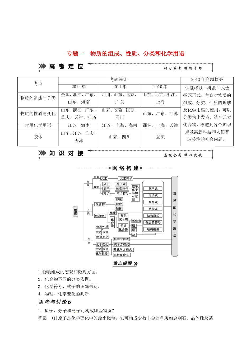 高考化学二轮复习 专题一 物质的组成、性质、分类和化学用语知能方法大提升_第1页