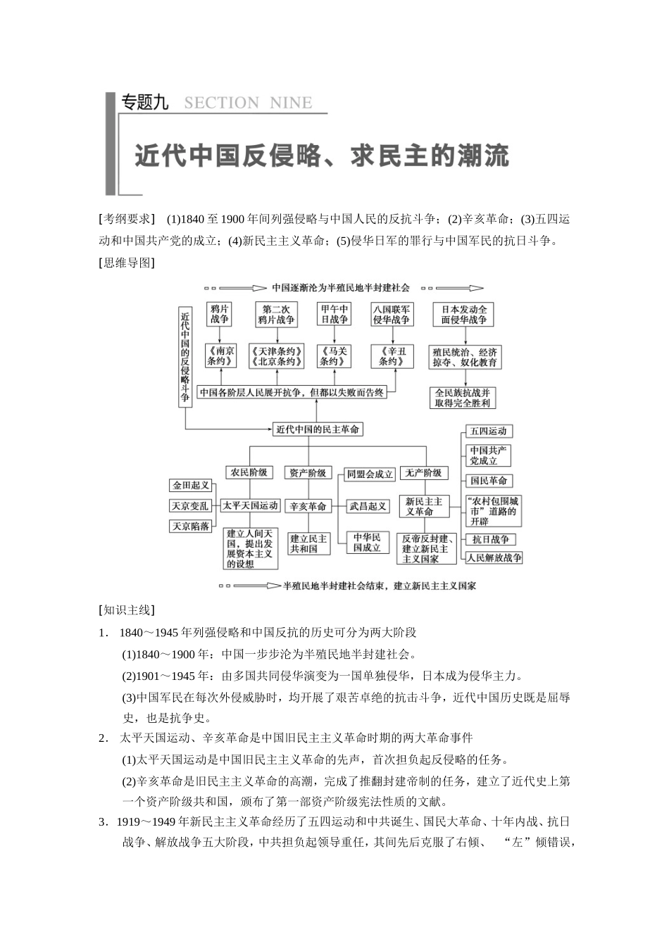高考历史大二轮 考前三个月 第1部分 专题九 近代中国反侵略、求民主的潮流_第1页