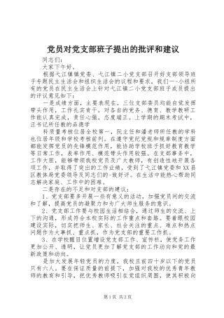 2024年党员对党支部班子提出的批评和建议