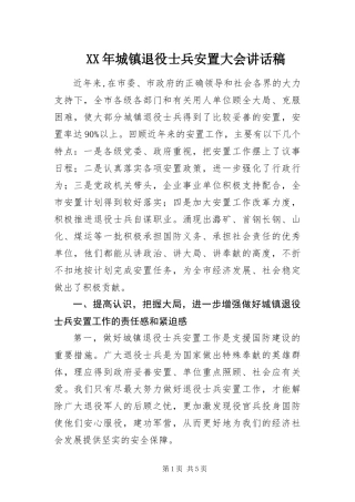 2024年城镇退役士兵安置大会致辞稿