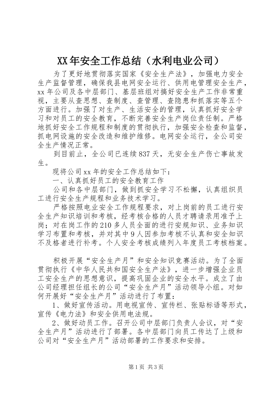 2024年安全工作总结（水利电业公司）_第1页