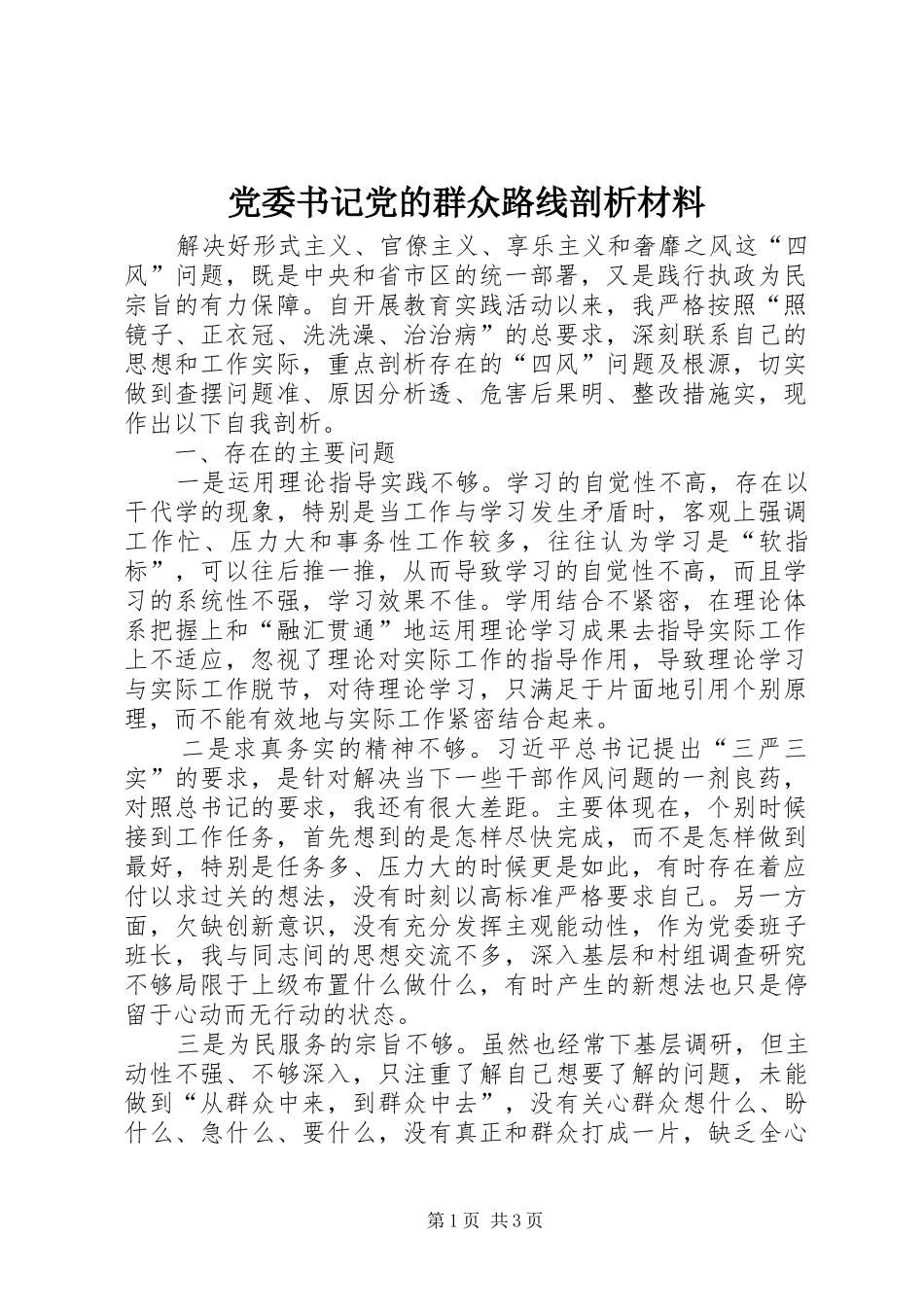 2024年党委书记党的群众路线剖析材料_第1页