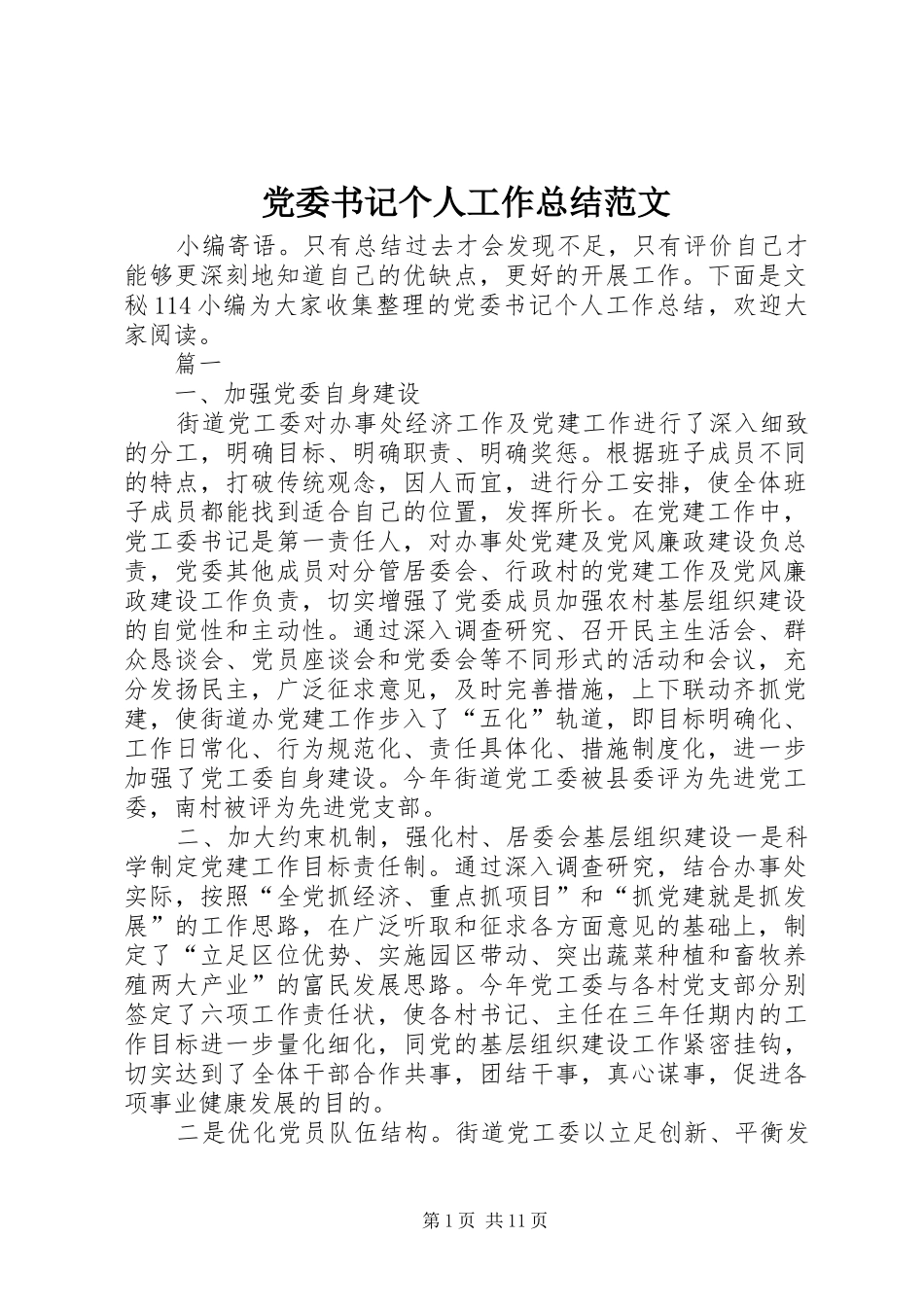 2024年党委书记个人工作总结范文_第1页