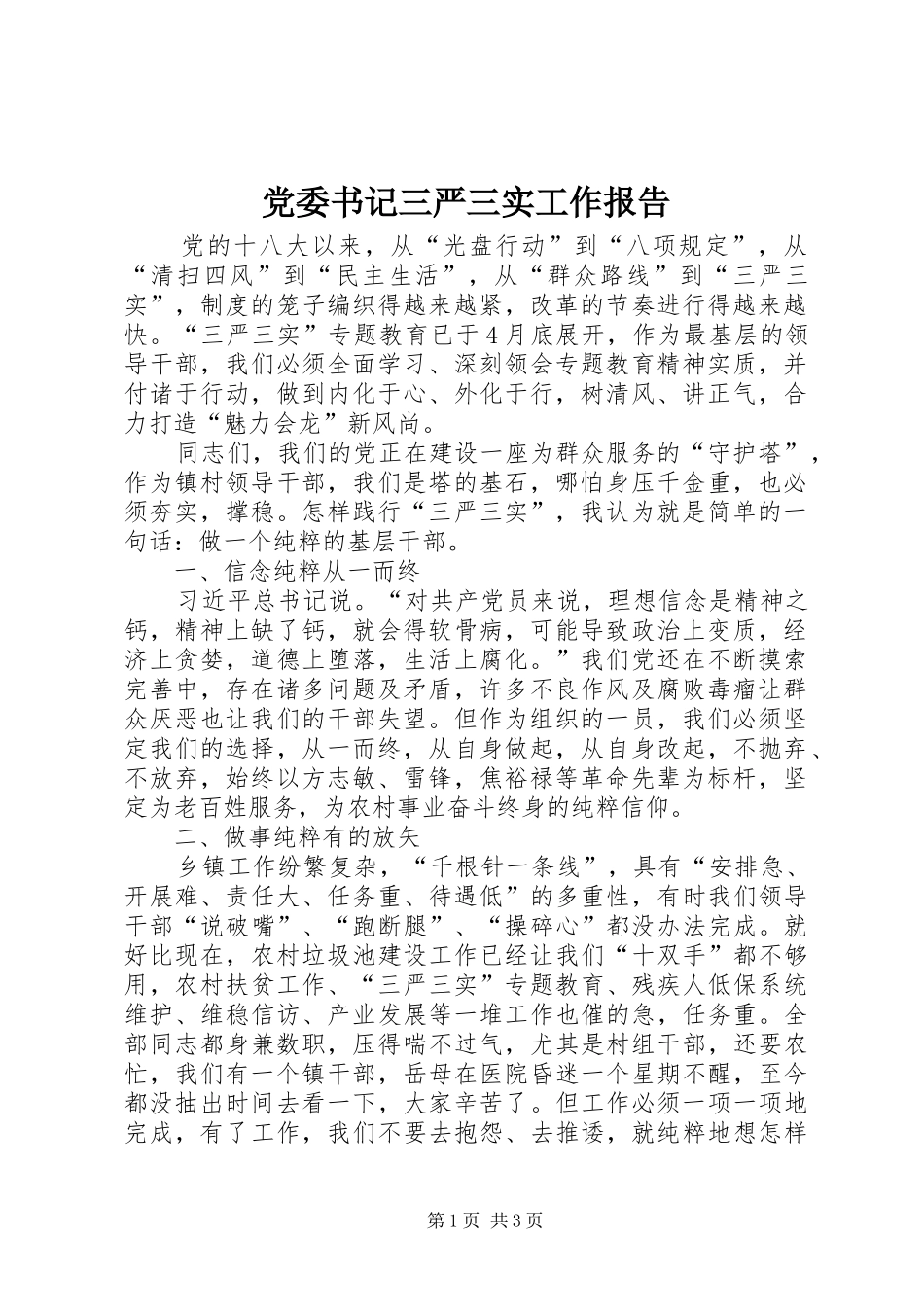 2024年党委书记三严三实工作报告_第1页