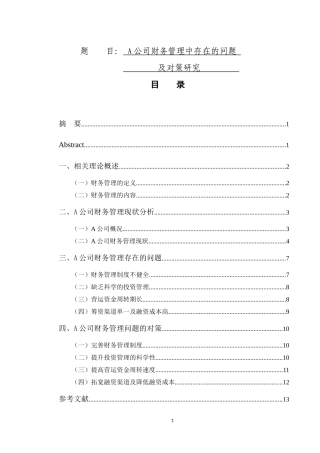 A公司财务管理中存在的问题及对策研究  财务会计管理专业