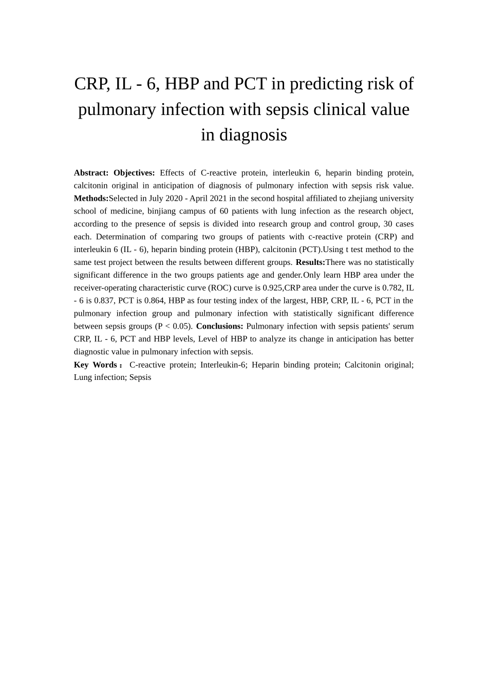 CRP、IL-6、HBP、PCT预判肺部感染合并败血症风险中的诊断诊值  临床医学专业_第2页