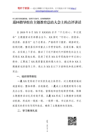 巡回指导组在主题教育总结大会上的点评讲话