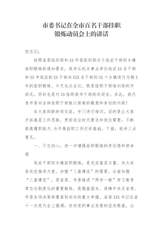 市委书记在全市百名干部挂职 锻炼动员会上的讲话