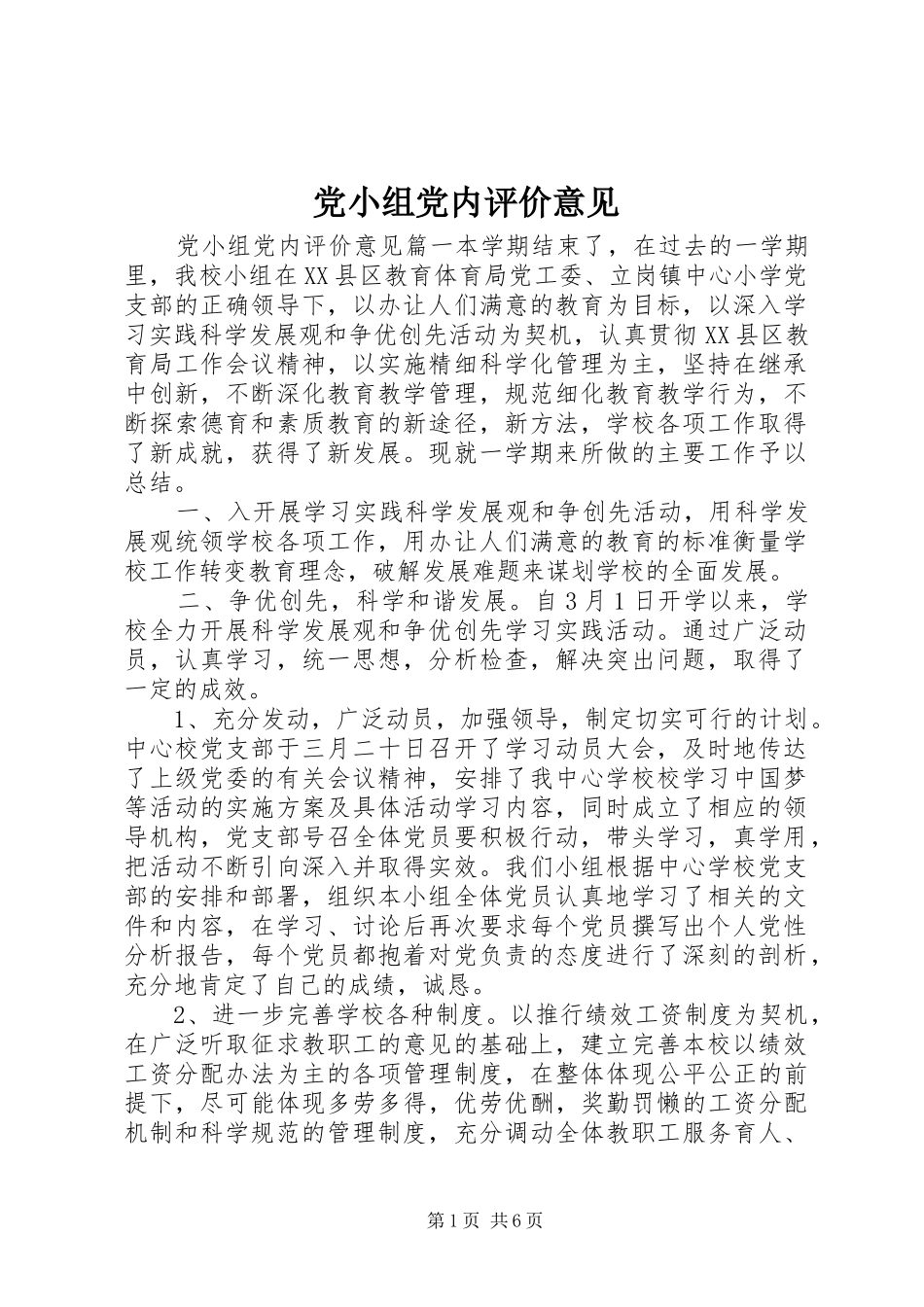 2024年党小组党内评价意见_第1页