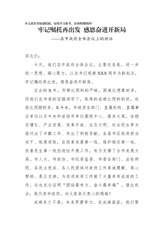在市政府全体会议上的讲话