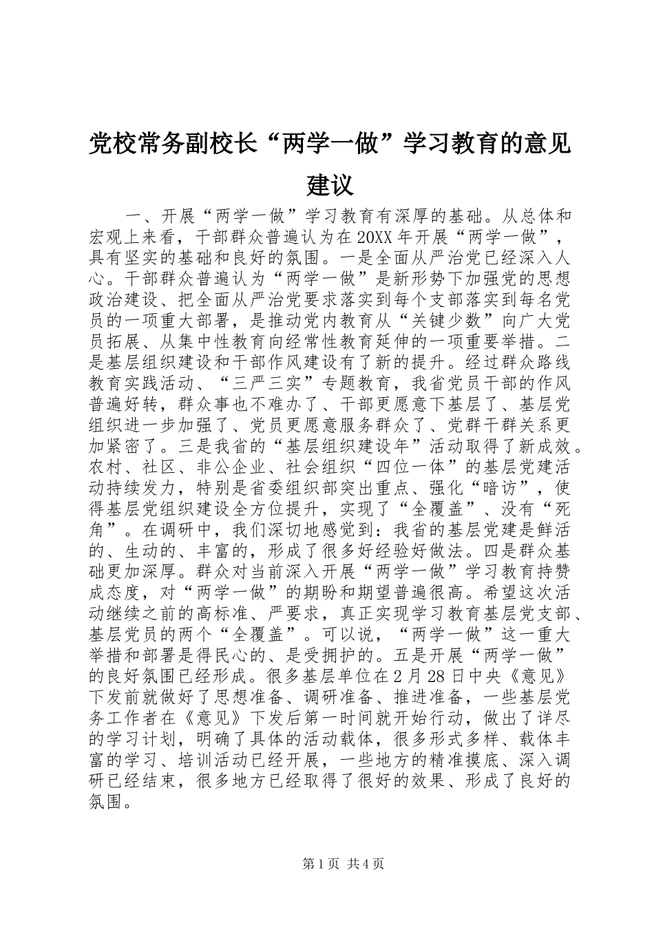 2024年党校常务副校长两学一做学习教育的意见建议_第1页