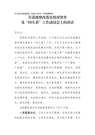 在巡视整改落实情况督查及回头看工作动员会上的讲话