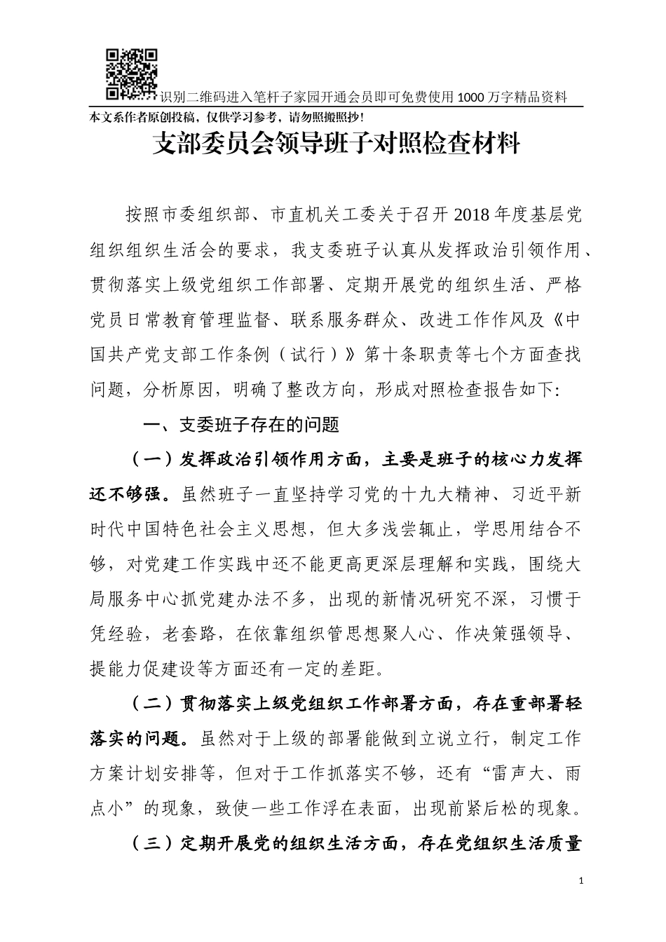 支部委员会领导班子对照检查材料（范文）_第1页