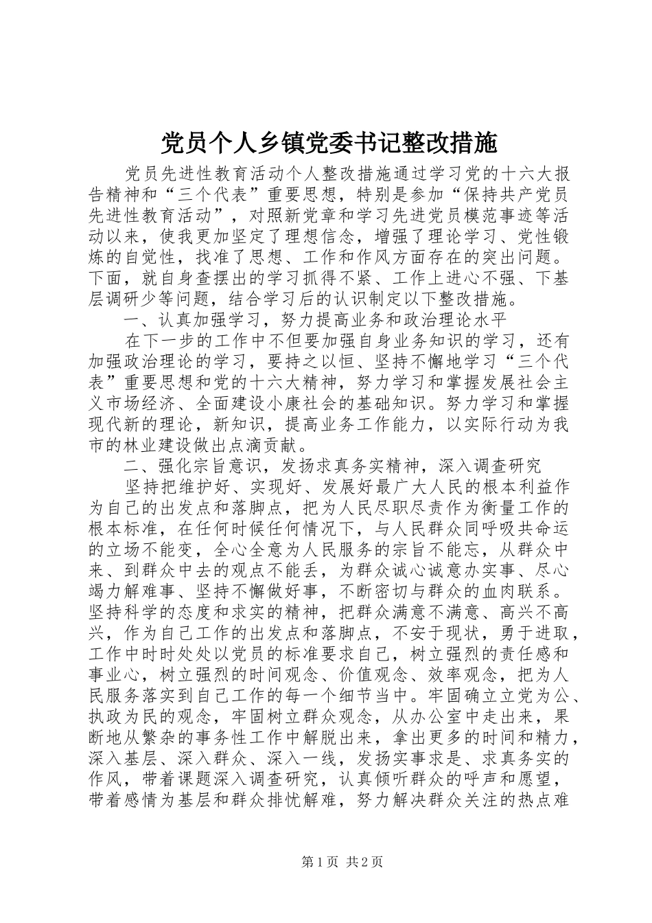 2024年党员个人乡镇党委书记整改措施_第1页