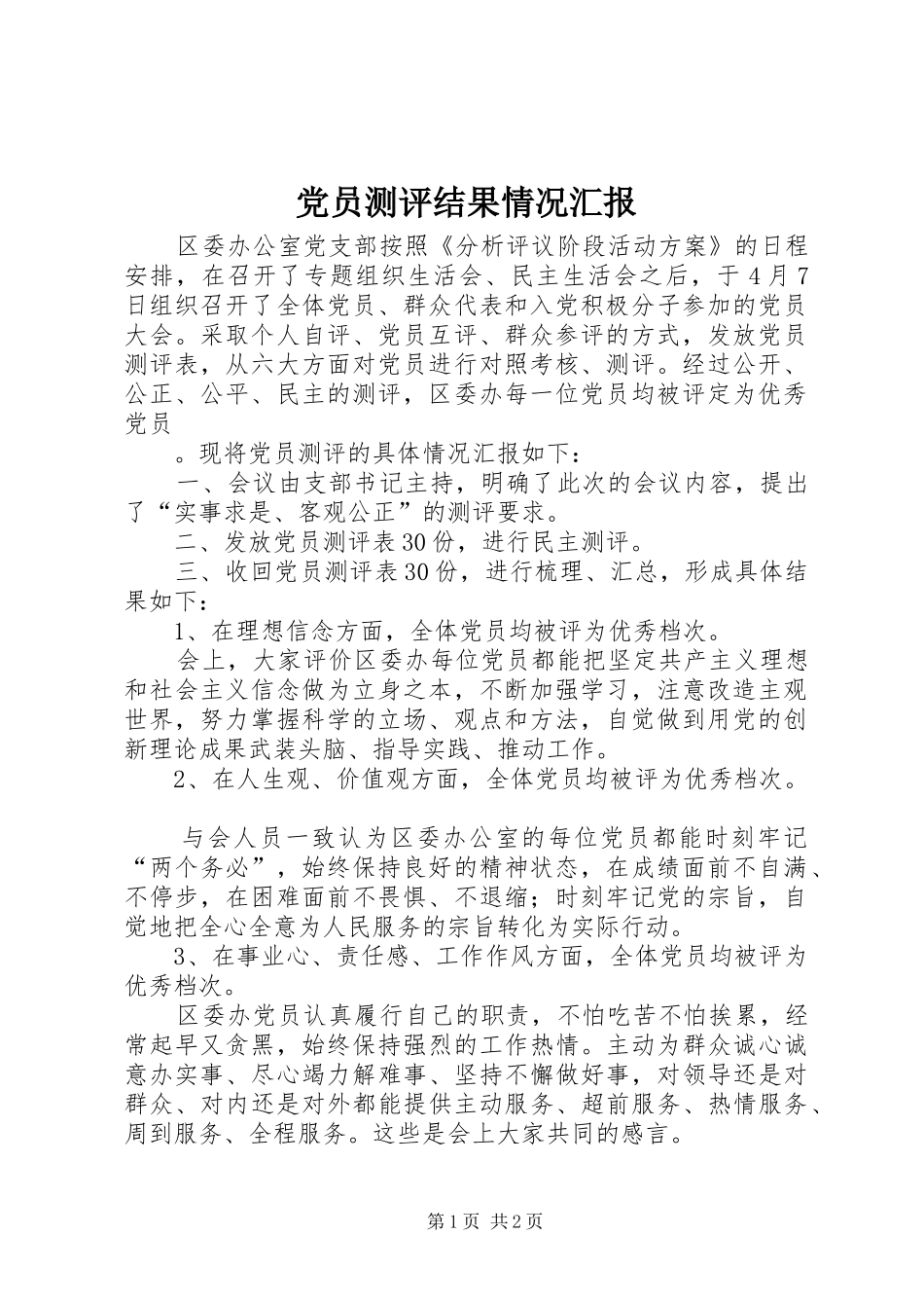 2024年党员测评结果情况汇报_第1页