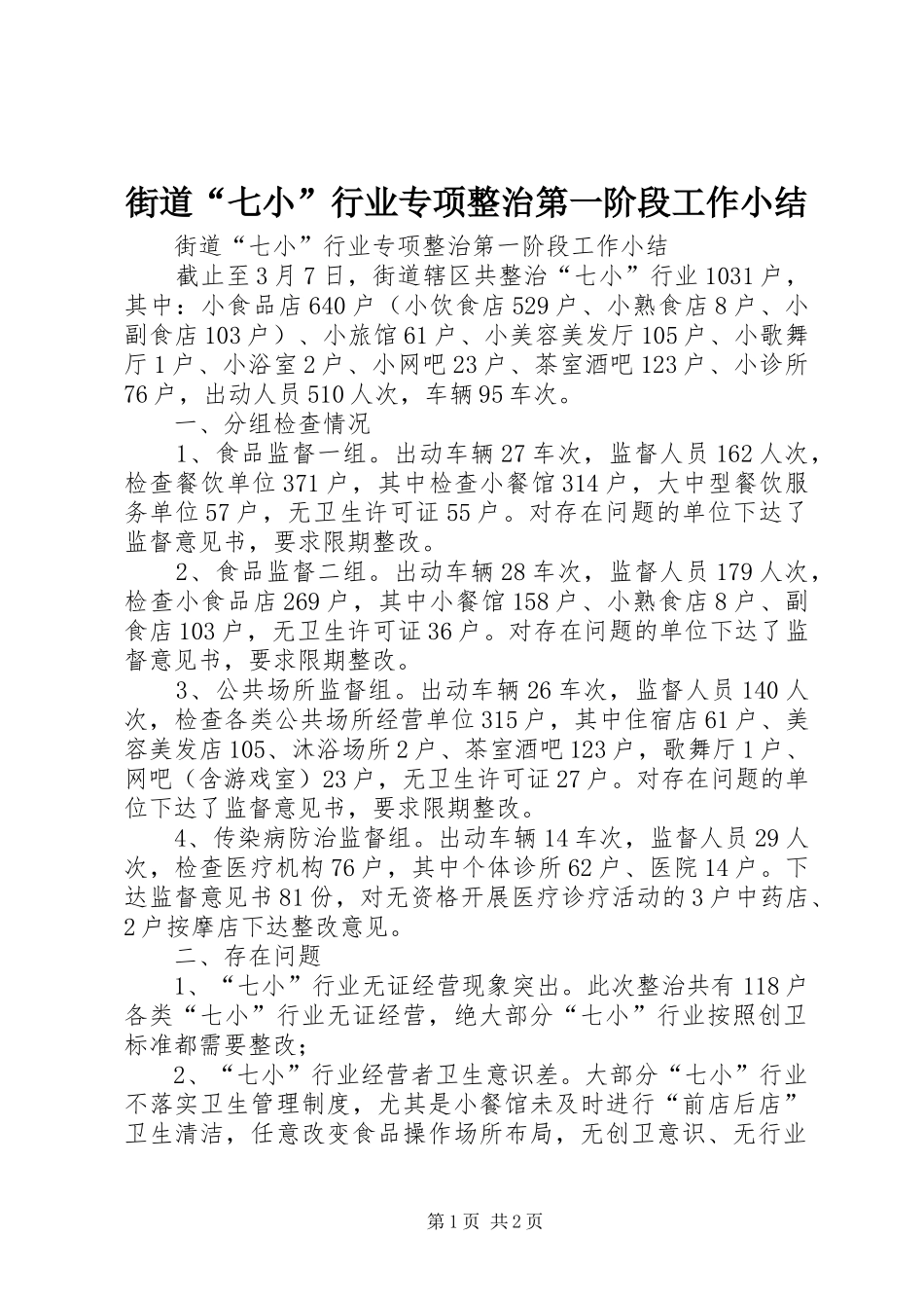 2024年街道七小行业专项整治第一阶段工作小结_第1页
