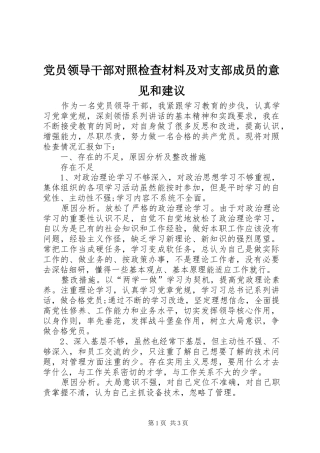 2024年党员领导干部对照检查材料及对支部成员的意见和建议