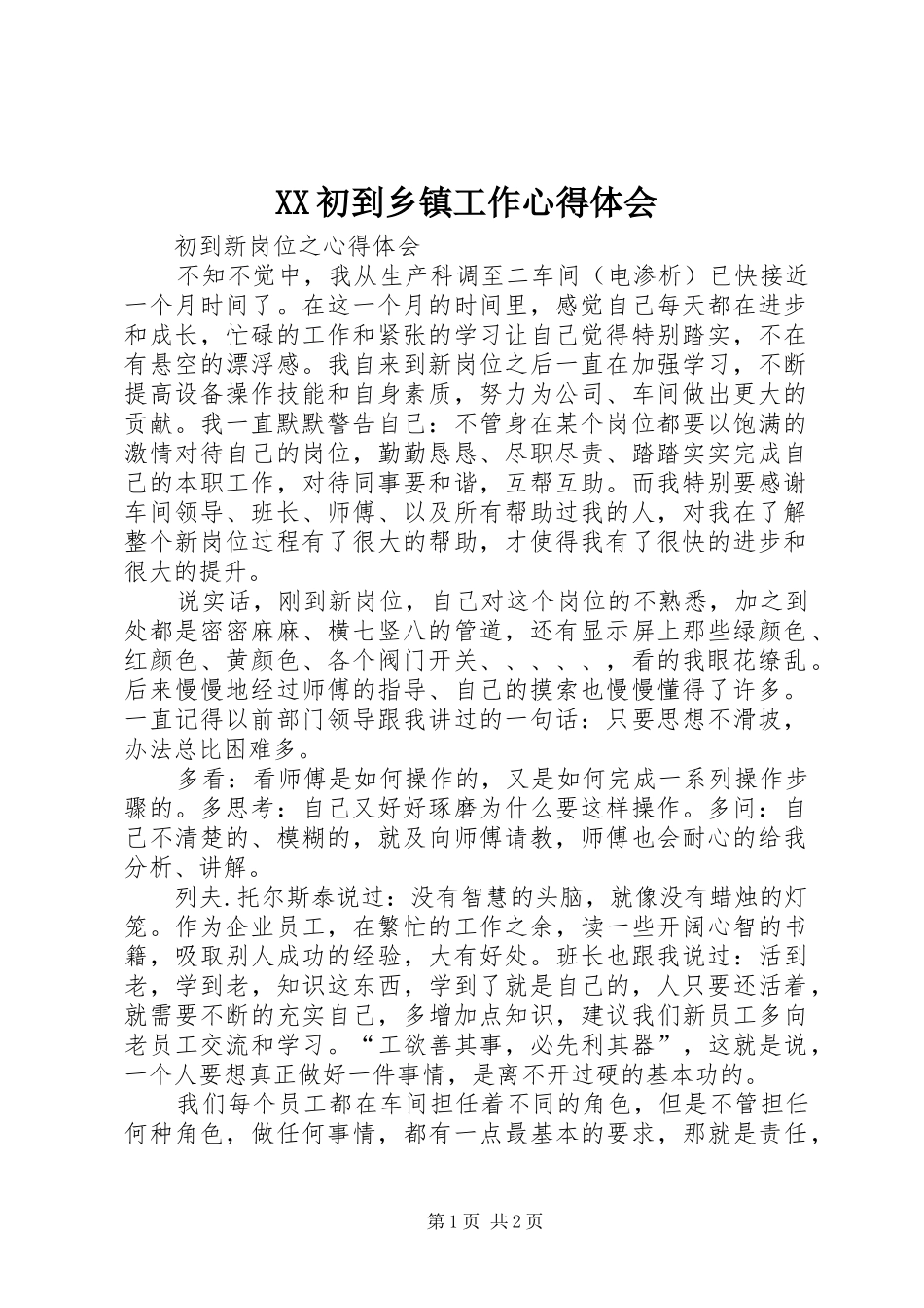 2024年初到乡镇工作心得体会_第1页