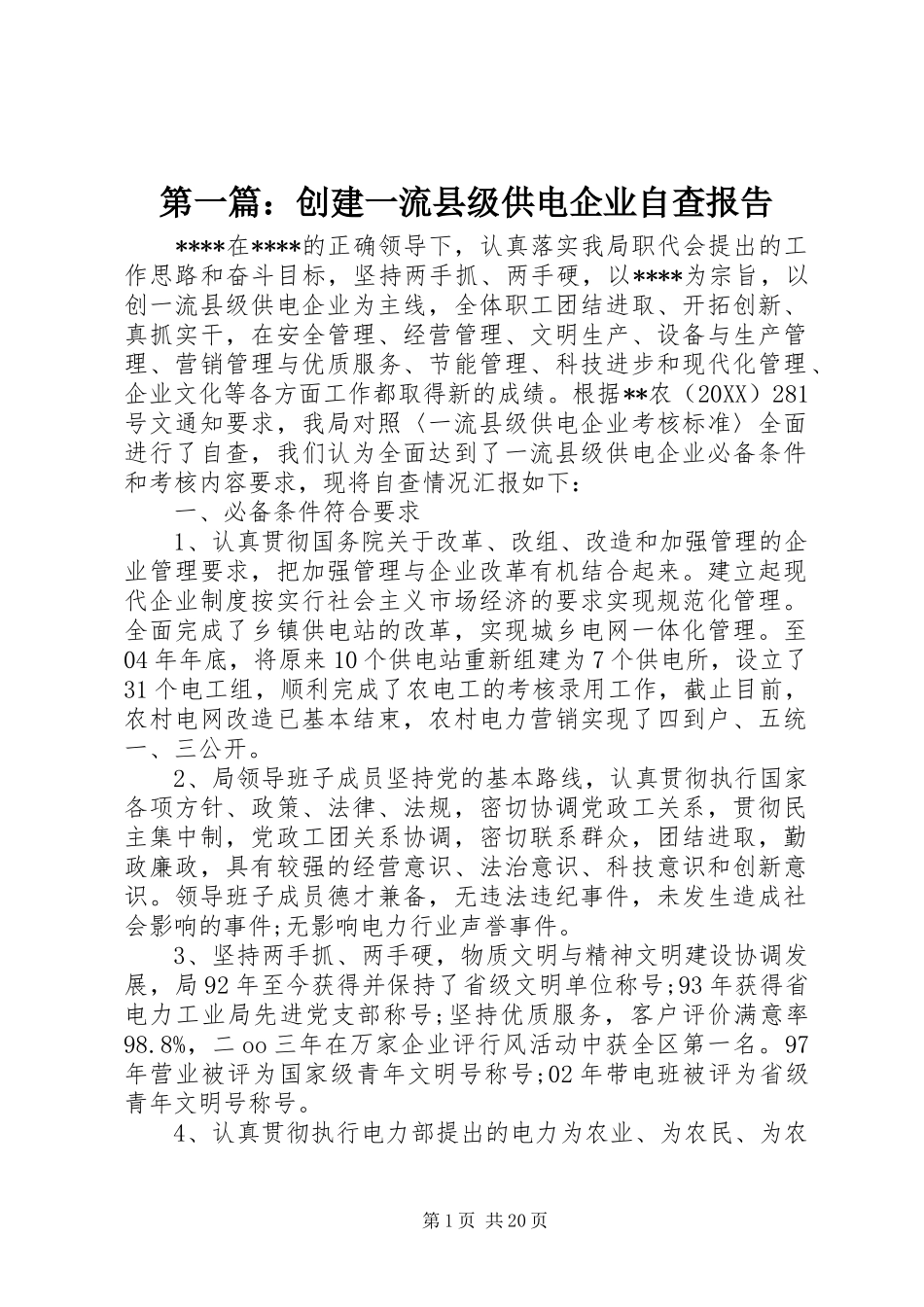 2024年创建一流县级供电企业自查报告_第1页