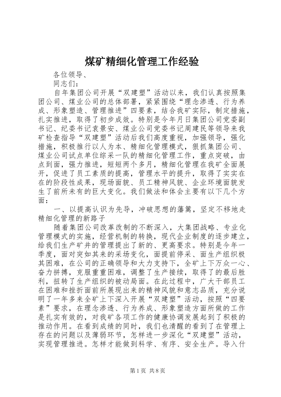 2024年煤矿精细化管理工作经验_第1页