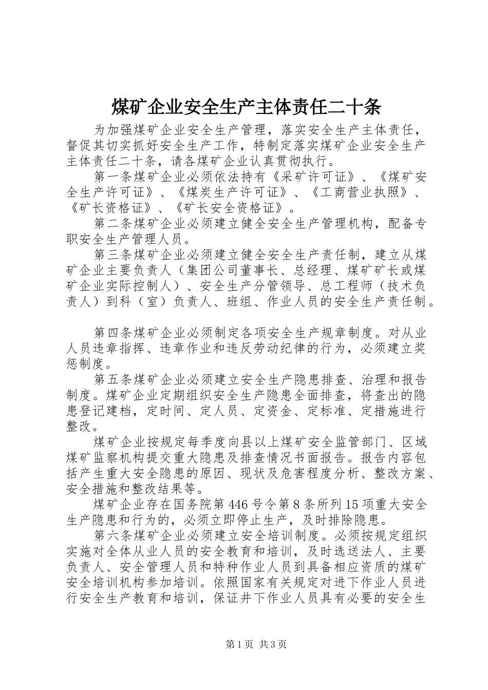 2024年煤矿企业安全生产主体责任二十条_第1页